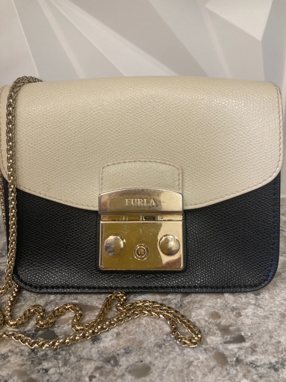 Furla Black & Winter White Leather & Suede Crossbody Gold Hardware Dust bag